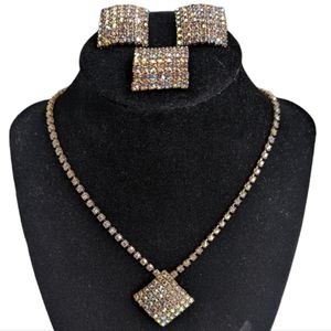 Vintage Jewelry Necklace Earrings & Brooch Set Glass Stone Aurora Borealis